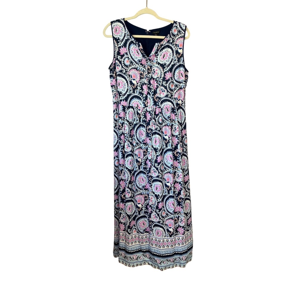 Talbots Womens Navy Pink Paisley Sleeveless V-Neck Maxi Dress Size 10